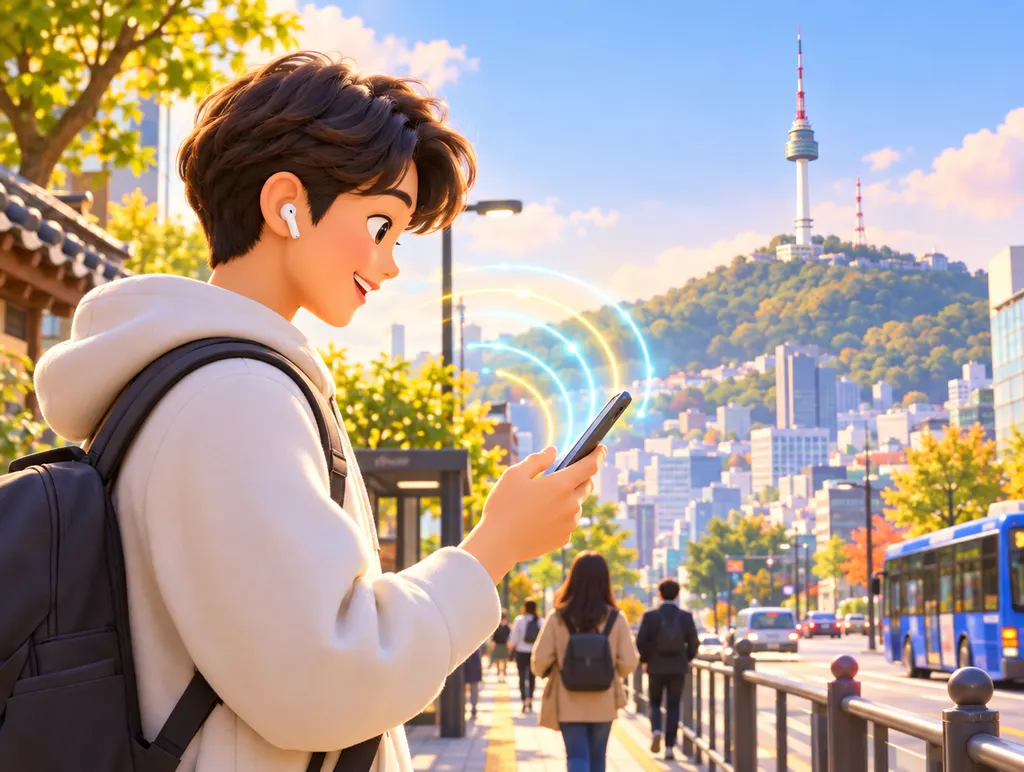 서울 거리에서 남산서울타워를 배경으로 휴대폰을 쓰는 사람